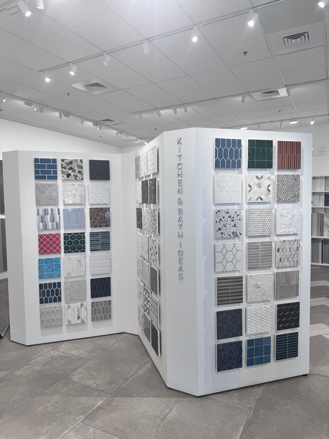 Kitchen and bathroom tile displays in the showroom